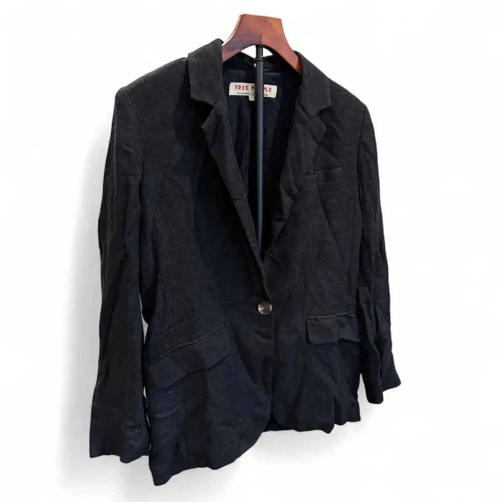 FREE PEOPLE Black Linen Oversized Luxury Boyfriend Tailored Blazer Jacket XS/S/M